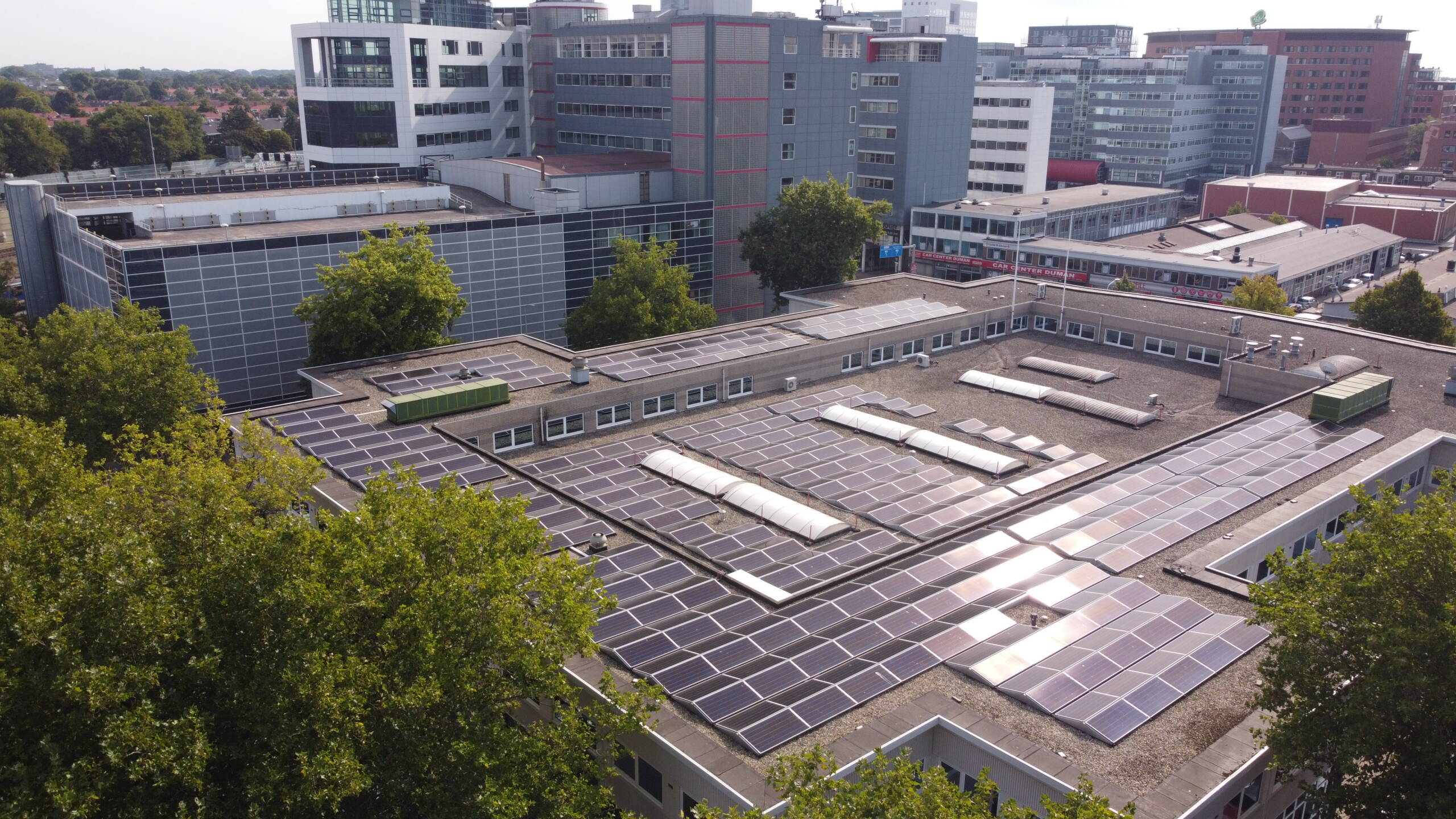 Aerial view of retail park with solar panels installed